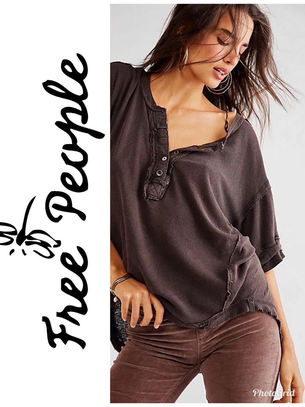 Free People Washed Brown Distressed Short-Sleeve Henley